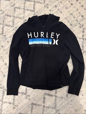 Hurley Black Pullover Hoodie with Blue Stripe Graphic